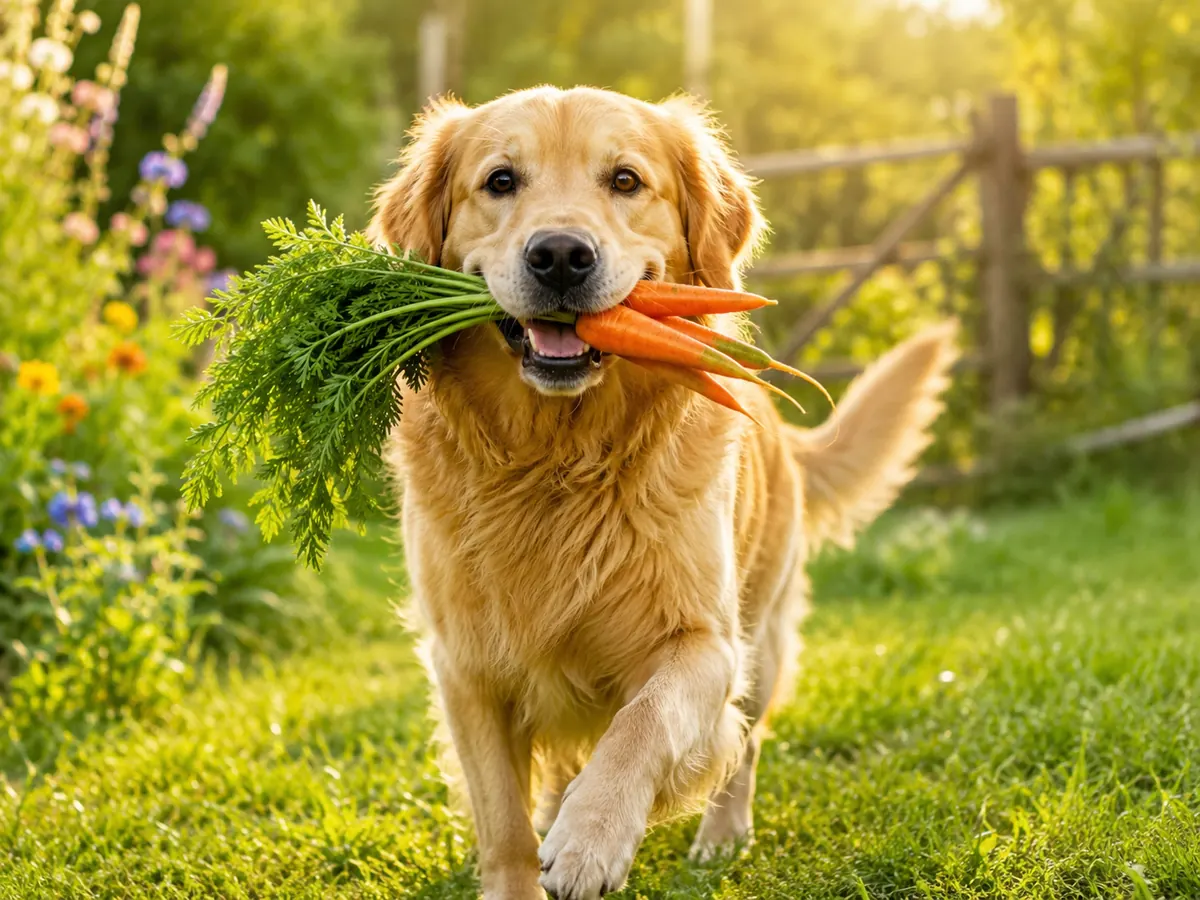 Golden Retriever tr&auml;gt ein Bund frischer Karotten durch einen sommerlichen Garten